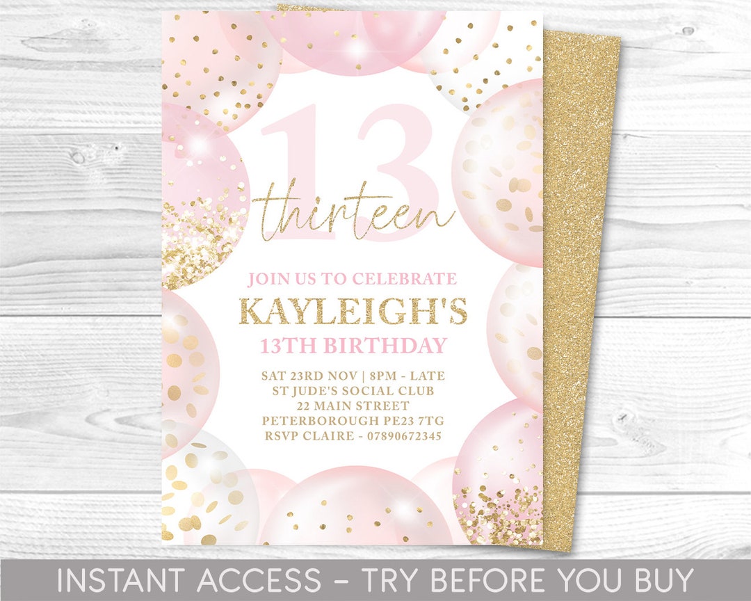 13th Birthday Invitation Editable 13th Invite, Pink and Gold Invitation ...