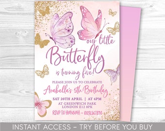 May include: Pink and purple butterfly birthday invitation with gold glitter. The invitation says "Our little butterfly is turning five!" and includes details for Arabella's 5th birthday party.