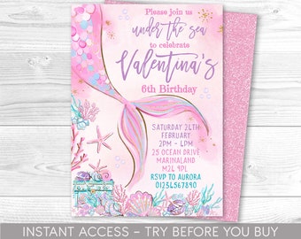 Meerjungfrau-Einladung, Meerjungfrau einladen, Pool-Party-Einladung, Schwimmen, rosa Meerjungfrau Einladungen, personalisiert, druckbar, digitale Datei,