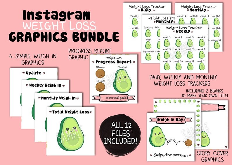 Op de afbeelding: Een set van 12 afdrukbare Instagram-afbeeldingen voor het bijhouden van gewichtsverlies. De afbeeldingen hebben een schattig avocado-ontwerp en bevatten dagelijkse, wekelijkse en maandelijkse trackers, evenals voortgangsrapporten. De tekst "ALL 12 FILES INCLUDED!" is ook in de afbeelding opgenomen.