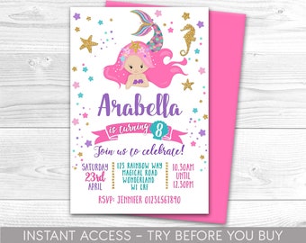 Meerjungfrau-Einladung, personalisiert, Printable, Digital File, Mermaid Invite, Pool-Party-Einladung, Schwimmen, Regenbogen, magisch, Instant Access
