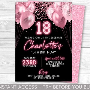 18th Birthday Invitation Editable 18th Invite pink neon black Invitation, Balloons, For Him or Her Instant Download Printable, ANY AGE