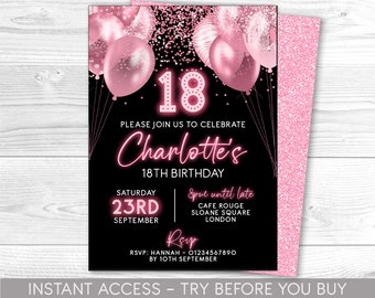 18th Birthday Invitation Editable 18th Invite pink neon black Invitation, Balloons, For Him or Her Instant Download Printable, ANY AGE