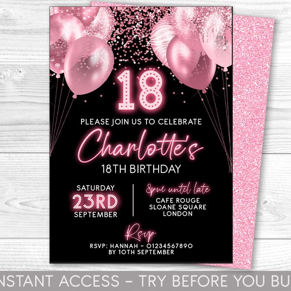18. Geburtstag Einladung bearbeitbar 18. Invite pink neon schwarz Einladung, Ballons, für Sie oder Ihn Instant Download Printable, JEDES ALTER