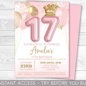Invitación de cumpleaños número 17, invitación de cumpleaños de la corona de la princesa rosa, fiesta de la princesa, imprimible, archivo digital, rosa pastel, números de globos