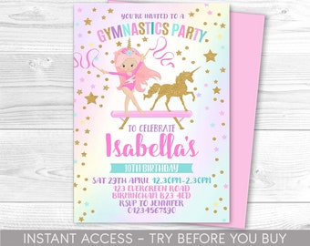 Könnte beinhalten: Eine rosa und blaue Einladung mit goldenen Glitzersternen für eine Turnparty. Die Einladung zeigt ein Cartoon-Einhorn und eine Turnerin auf einem Schwebebalken. Der Text lautet "Sie sind eingeladen zu einer Turnparty. Zur Feier von Isabellas 10. Geburtstag. Sa 29. April 12.30 Uhr - 14.30 Uhr 123 Evergreen Road Birmingham B23 4ED RSVP an Jennifer 01234567890"