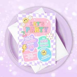 Editable Preppy Let's Celebrate Smile Face Birthday Invitation Template, Party Invite, Checkered  Invite, Kid Teen Girls Blush Pink ANY AGE