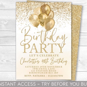Convite de aniversário dourado, convite de festa editável, convite branco e dourado, balões, para ela, download instantâneo, para impressão, QUALQUER IDADE