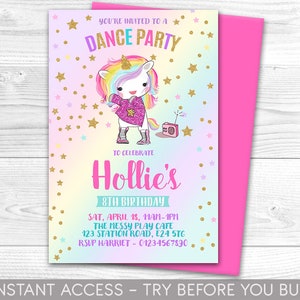 Unicorn Dance Party Invitation, Personalised, Printable, Digital File, Unicorn Invite, Party Invitation, Disco Party, Instant Access