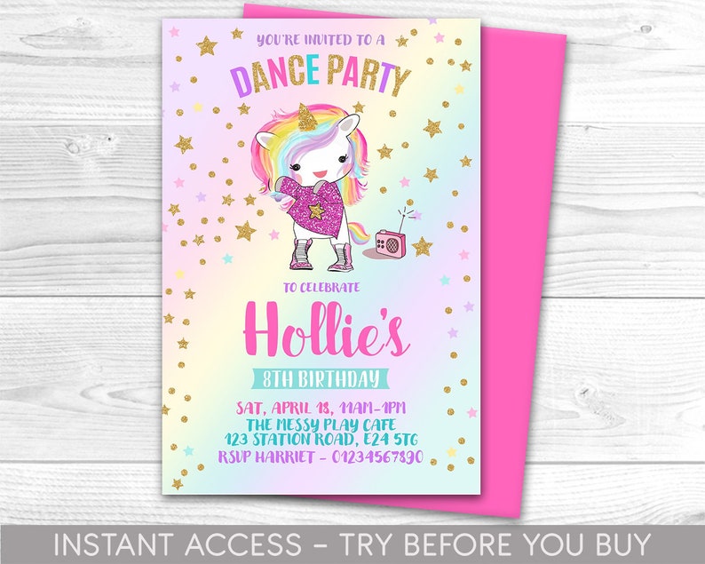 Unicorn Dance Party Invitation, Personalised, Printable, Digital File ...