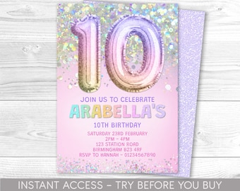 Editable 10th Birthday Invitation Template Rainbow Glitter Birthday Invite Foil Pastel Girls 10th Birthday Download Digital Printable