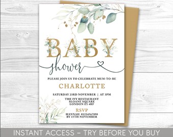 May include: Baby shower invitation with gold lettering and botanical details. The invitation provides details for Charlotte's baby shower, including the date, time, and venue in London. The design features eucalyptus and floral elements.