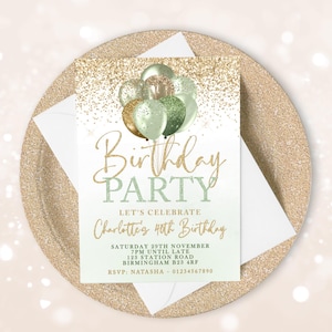 Convite para festa verde sálvia, verde sálvia e dourado, convite de aniversário verde, convites dourados sálvia, convites para festa de adultos. Imprimível, QUALQUER IDADE