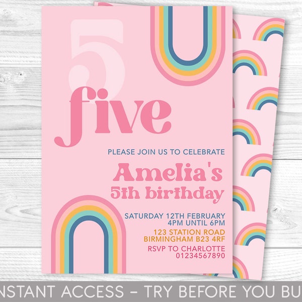 Editable 5th Birthday Invitation Template Rainbow Pink Birthday Invite Preppy Pastel Girls 5th Birthday Download Digital Printable