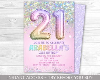 Editable 21st Birthday Invitation Template Rainbow Glitter Birthday Invitation Foil Pastel Girl sweet 21st Birthday Télécharger Digital Printable