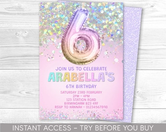 Modèle d’invitation modifiable pour le 6e anniversaire Rainbow Glitter Birthday Invite Foil Pastel Girls 6e anniversaire Télécharger numérique imprimable