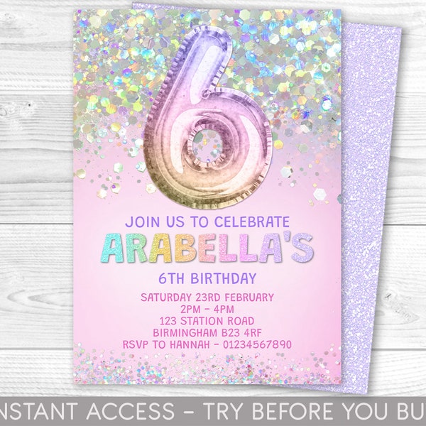 Editable 6th Birthday Invitation Template Rainbow Glitter Birthday Invite Foil Pastel Girls 6th Birthday Download Digital Printable