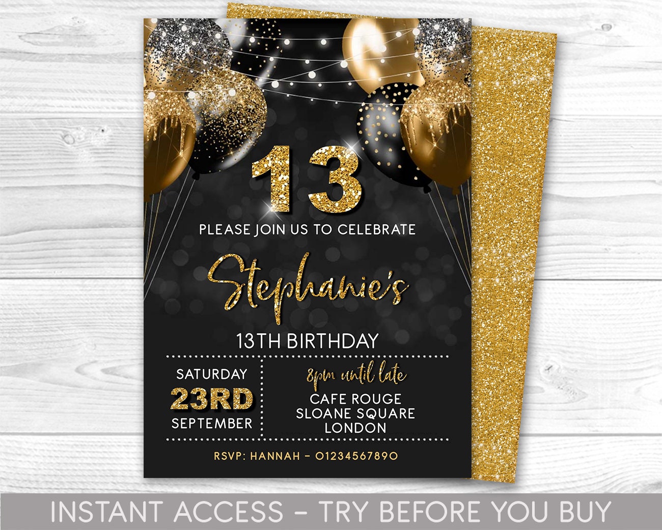 13th Birthday Invitation Editable 13th Invite Black Gold Invitation,  Balloons, for Him or Her Instant Download Printable, ANY AGE - Etsy, image size:1300x1040