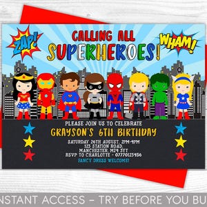 Superhero Invitation, Personalised Invite, Printable, Digital File, superheroes Party, Instant, Editable Template, Boy Superhero Invite