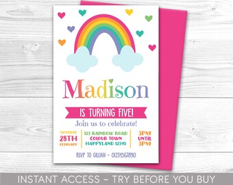 Rainbow Invitation, Personalised, Printable, Digital File, Rainbow Invite, Party Invitation, Colourful, Rainbow, Heart, Cute Instant Access
