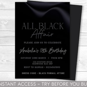 All Black Party Invitation, All Black Affair Invitation, Modern Birthday Invite, Editable Print at Home, Digital Invite, Black Tie ANY AGE