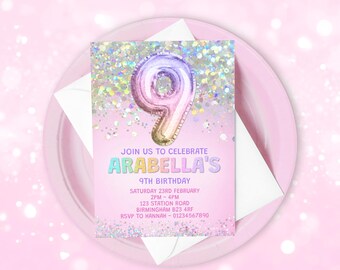 May include: A pink birthday invitation with a large number nine balloon. The invitation reads "Join us to celebrate Arabella's 9th Birthday" with event details. The design includes glitter and a pink background.