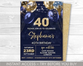 40th Birthday Invitation Editable 40th Invite Navy Gold Invitation, Balloons, For Him or Her Instant Download Printable, ANY AGE