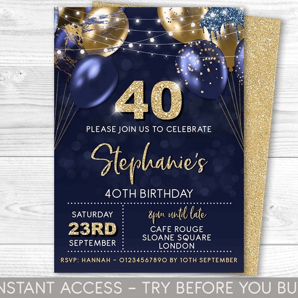 40th Birthday Invitation Editable 40th Invite Navy Gold Invitation, Balloons, For Him or Her Instant Download Printable, ANY AGE