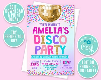 Uitnodiging voor discofeest, gepersonaliseerd, afdrukbaar, digitaal bestand, dansfeestuitnodiging, uitnodiging voor feest, discofeest, directe toegang