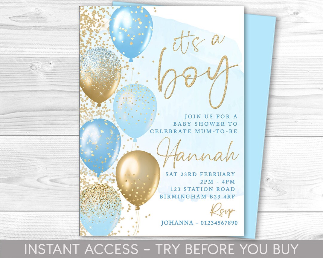 Blue and Gold Baby Shower Invitation, Editable Party Invite, It's a Boy ...