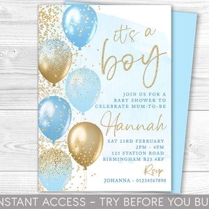 Blue and Gold Baby Shower Invitation, Editable Party Invite, It&#39;s a Boy, Baby Sprinkle, Balloons, Instant Download, Printable, New Baby