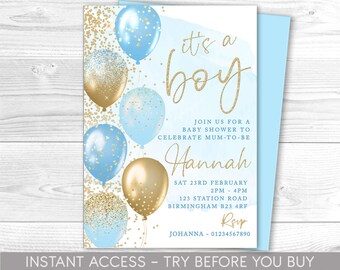 Blue and Gold Baby Shower Invitation, Editable Party Invite, It's a Boy, Baby Sprinkle, Balloons, Instant Download, Printable, New Baby