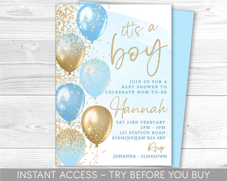 Blue and Gold Baby Shower Invitation, Editable Party Invite, It's a Boy ...