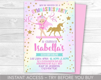 Könnte beinhalten: Eine rosa und blaue Einladung mit goldenen Glitzersternen für eine Turnparty. Die Einladung zeigt eine Cartoon-Turnerin mit einem Einhorn und den Text "You're invited to a Gymnastics Party. To celebrate Isabella's 10th Birthday. Sat 29th April 12.30pm-2.30pm 123 Evergreen Road Birmingham B23 4ED RSVP to Jennifer 01234567890"