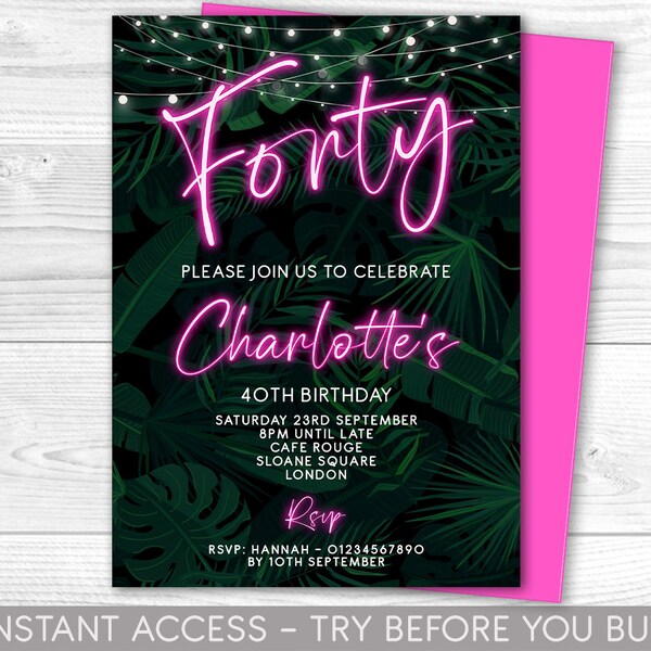 40th Birthday Invitation Editable 40th Invite pink neon black Invitation, Balloons, For Him or Her Instant Download Printable, ANY AGE