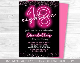 18th Birthday Invitation Editable 18th Invite pink neon black Invitation, Balloons, For Him or Her Instant Download Printable