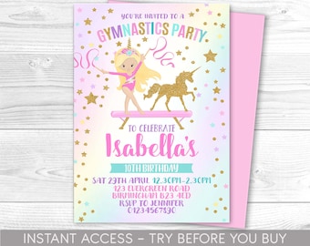 Unicorn Gymnastics Invitation, Personalised, Printable, Digital File, Gymnastics party Invite, Unicorn Invitation, Gym, Sport Instant Access