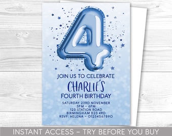 4th Birthday Invitation Editable 4th Invite, Blue, Boys Invitation, Balloon Numbers, For Girl or Boy, Instant Download, Printable