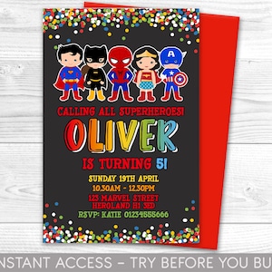 Superhero Invitation, Personalised Invite, Printable, Digital File, superheroes Party, Instant Access