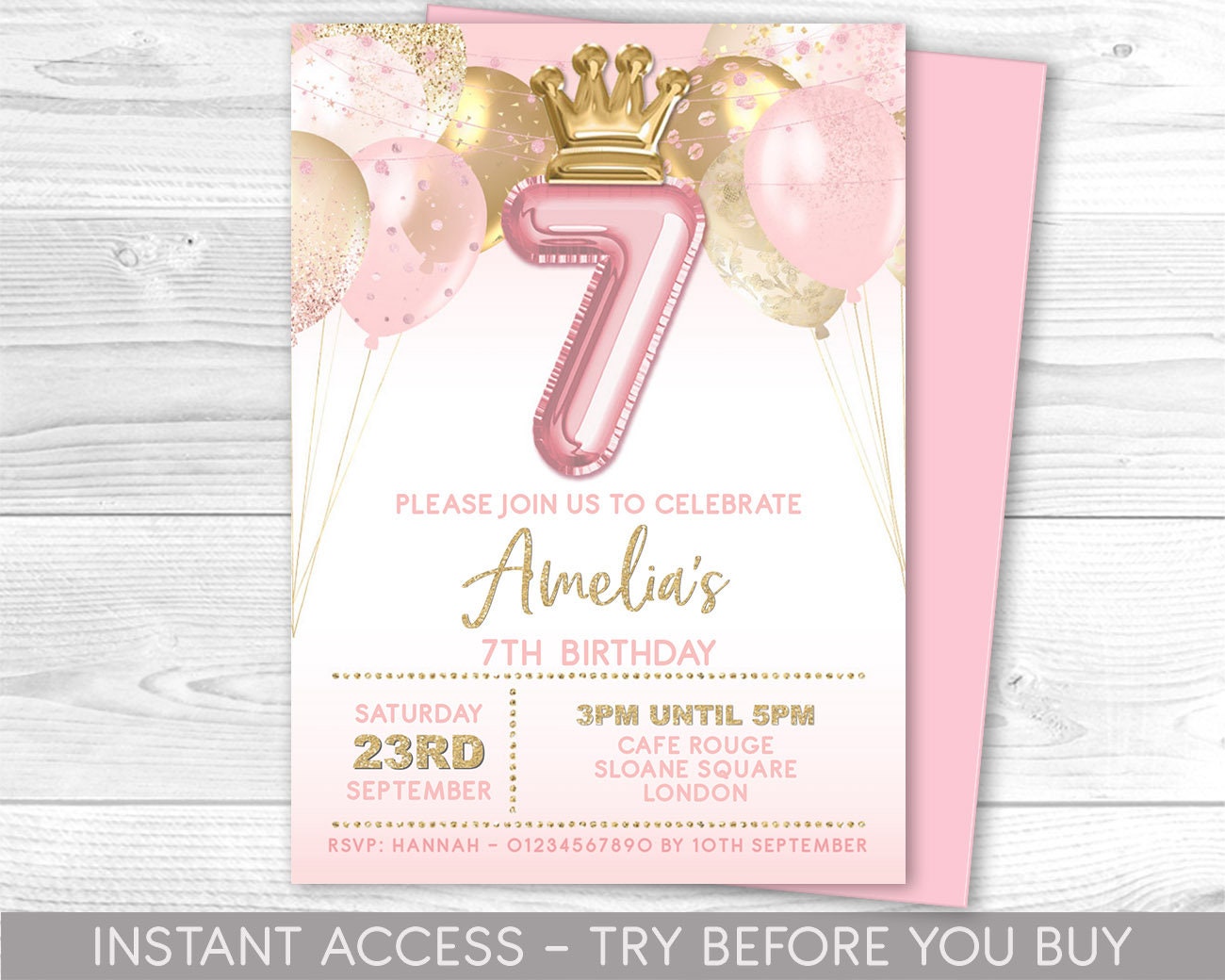 7th Birthday Invitation Pink Princess Crown Birthday Invite Princess Party Printable Digital File Pastel Pink Balloon Numbers