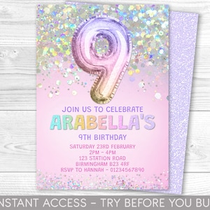 Puede incluir: Una invitación de cumpleaños rosa y morada con un fondo de purpurina holográfica. La invitación presenta un gran globo número 9 iridiscente y el texto "Únete a nosotros para celebrar el 9º cumpleaños de Arabella". La invitación también incluye la fecha, la hora, la ubicación y la información de RSVP.