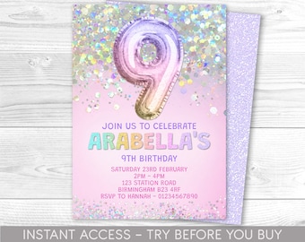 Editable 9th Birthday Invitation Template Rainbow Glitter Birthday Invite Foil Pastel Girls 9th Birthday Download Digital Printable