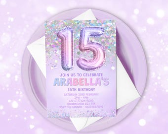 Bewerkbare sjabloon 15e verjaardag uitnodiging regenboog lila glitter verjaardagsuitnodiging folie pastel paars meisje verjaardag download afdrukbare