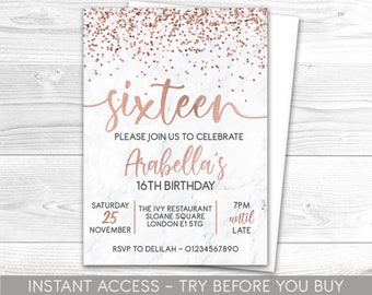 16th Birthday Invitation Editable 16th Invite, Rose Gold Invitation, Balloon Numbers, For Him or Her, Instant Download, Printable