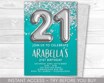 21st Birthday Invitation Editable 21st Invite Teal Silver Invitation, Balloons, Stars, For Him or Her Instant Download Printable, ANY AGE