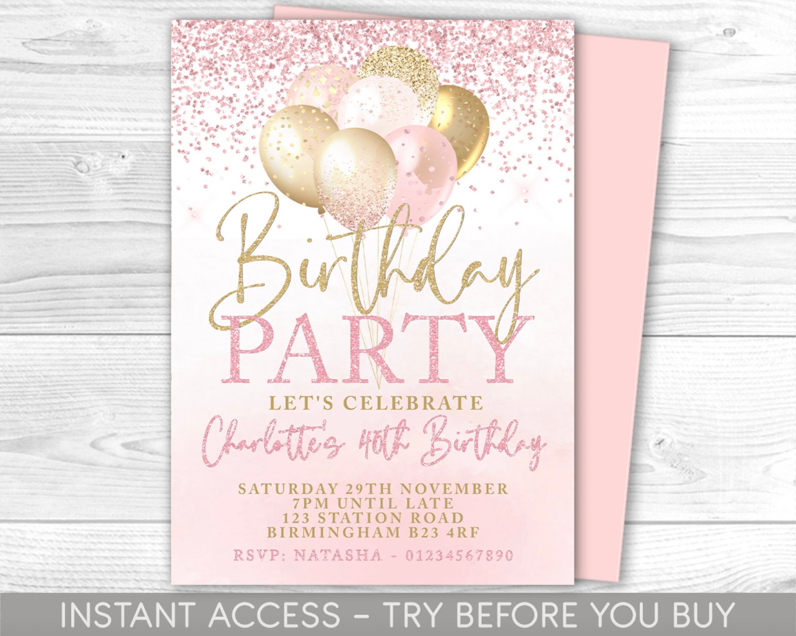 Pink and Gold Birthday Invitation Editable Party Invite Pink Etsy