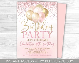 Roze en gouden verjaardagsuitnodiging, bewerkbare feestuitnodiging, roze en gouden uitnodiging, ballonnen, voor haar, Instant Download, afdrukbaar, ELKE LEEFTIJD