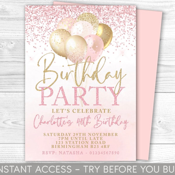 Pink and Gold Birthday Invitation, Editable Party Invite, Pink and Gold Invitation, Balloons, For  Her, Instant Download, Printable, ANY AGE