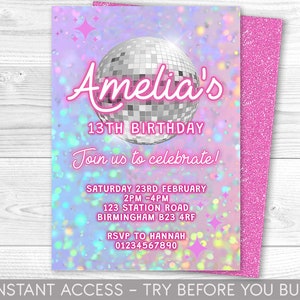 Disco Party Invitation, Personalised, Printable, Digital File, Pink Holo Glitter Party Invite, Party Invitation, Disco Party, Instant Access