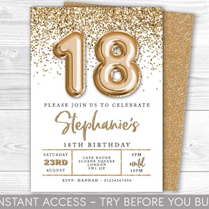 18th Birthday Invitation Editable 18th Invite, White & Gold Invitation, Balloon Numbers, For Him or Her, Instant Download, Printable